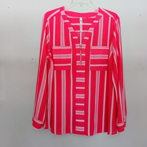 NY Collection Woman's xl Dark Coral Striped Blouse With Zipper Front And Pockets